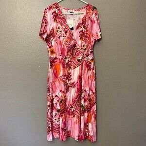 JOVIE Red Floral V-Neck Wrap Dress with Short Sleeves (XL). NWT.